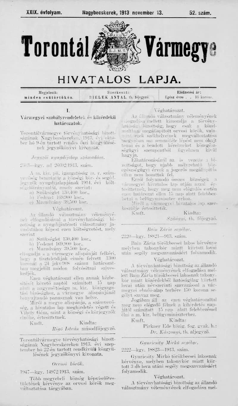 Torontál Vármegye Hivatalos Lapja, 29. évf. 1913. november 13. 52. sz.