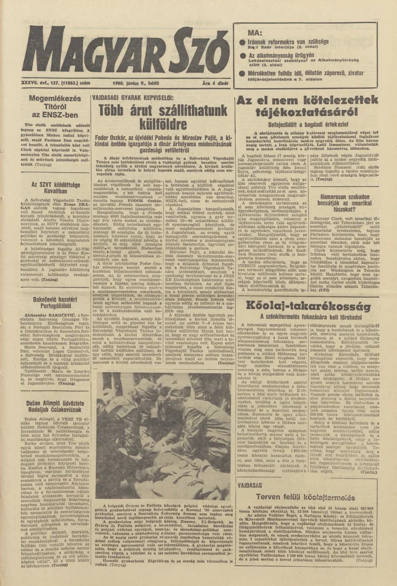 Magyar Szó, 37. évf. 1980. június 9. 157. sz. 1–16. oldal