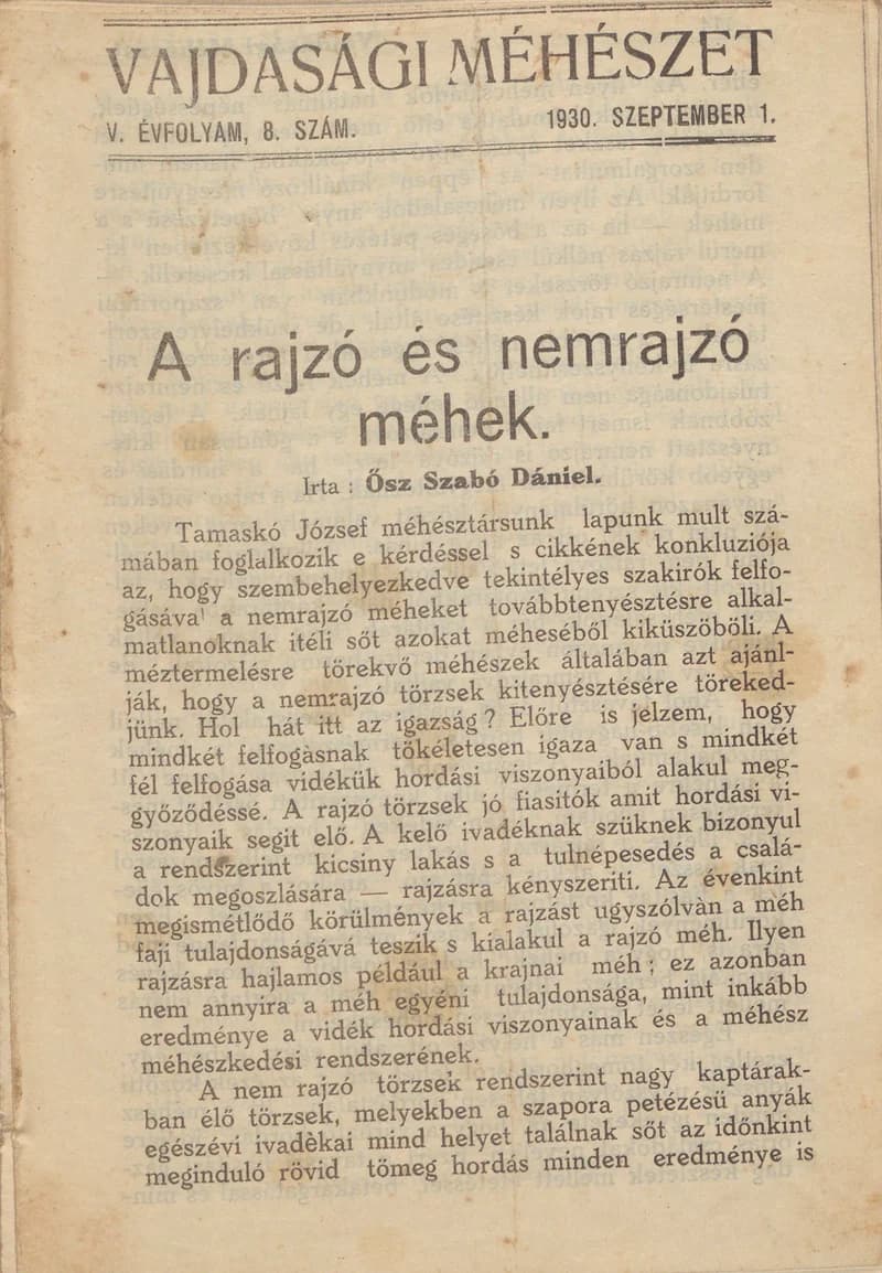 Vajdasági méhészet, 5. évf. 1930. szeptember 1. 8. sz.