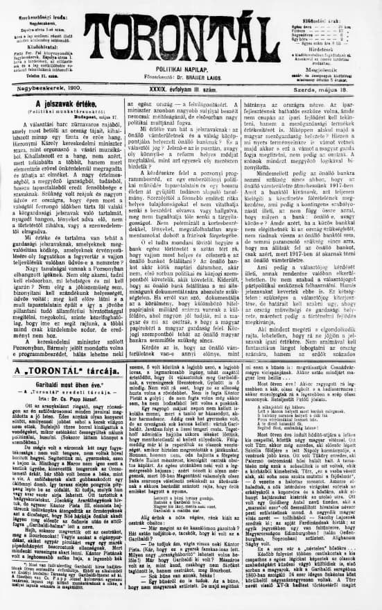 Torontál, 39. évf. 1910. május 18. 111. sz.
