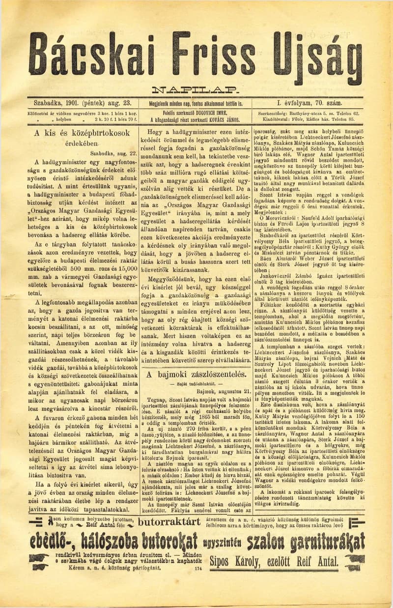 Bácskai Friss Ujság, 1. évf. 1901. augusztus 23. 70. sz.