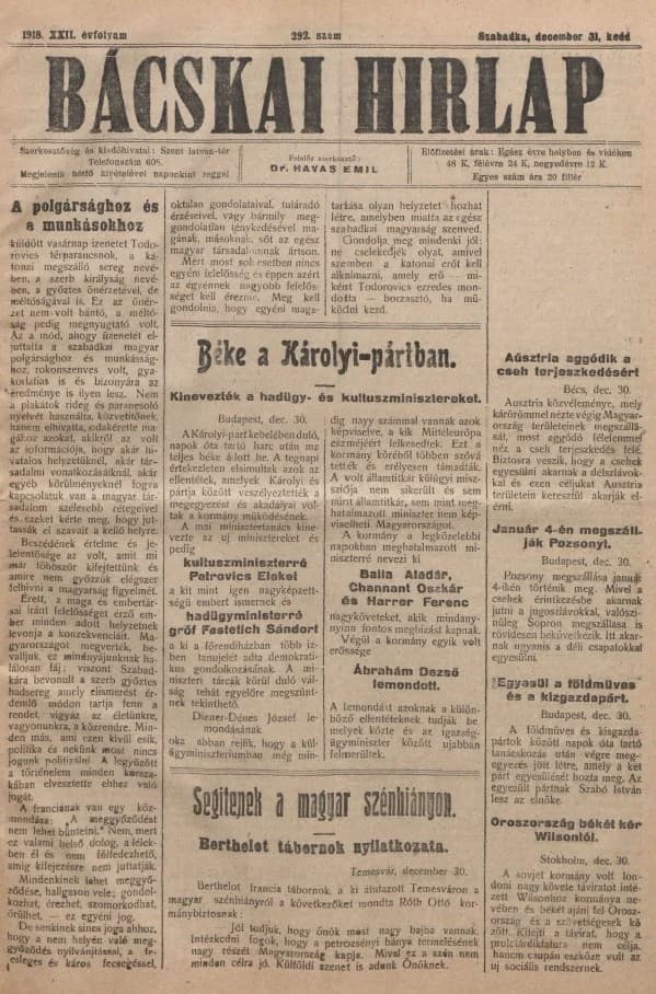 Bácskai Hirlap, 22. évf. 1918. december 31. 292. sz.