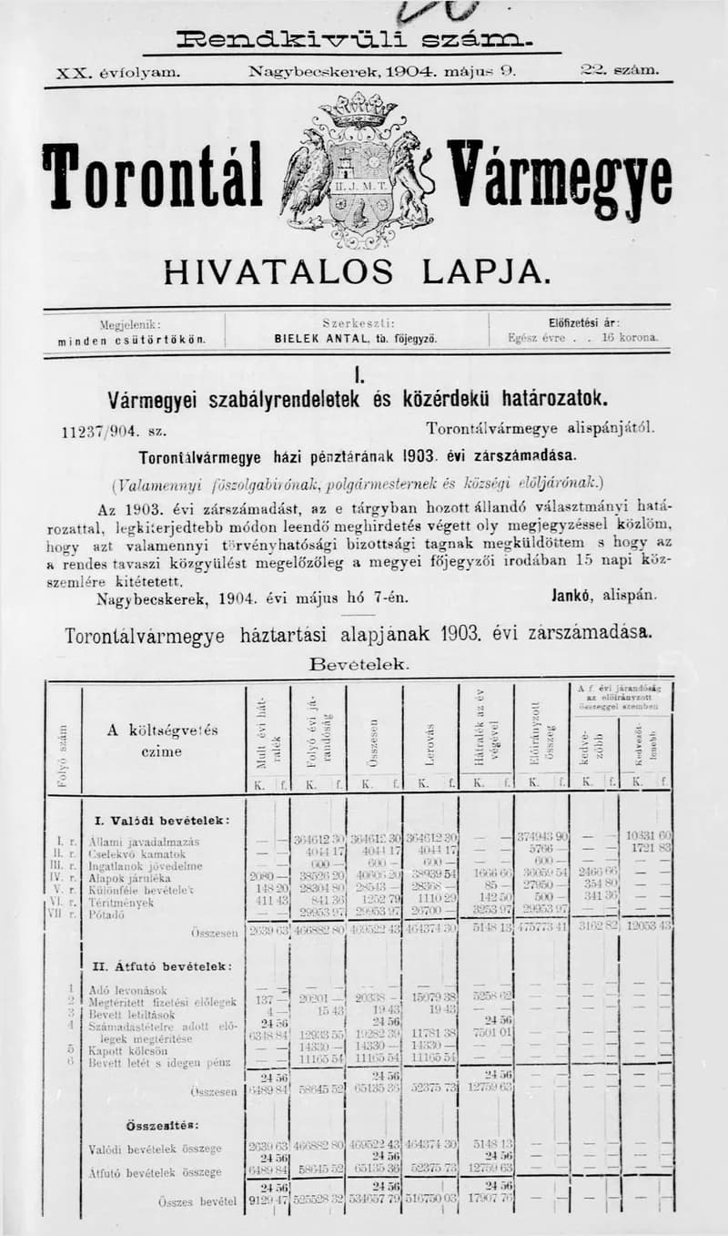 Torontál Vármegye Hivatalos Lapja, 20. évf. 1904. május 9. 22. sz.