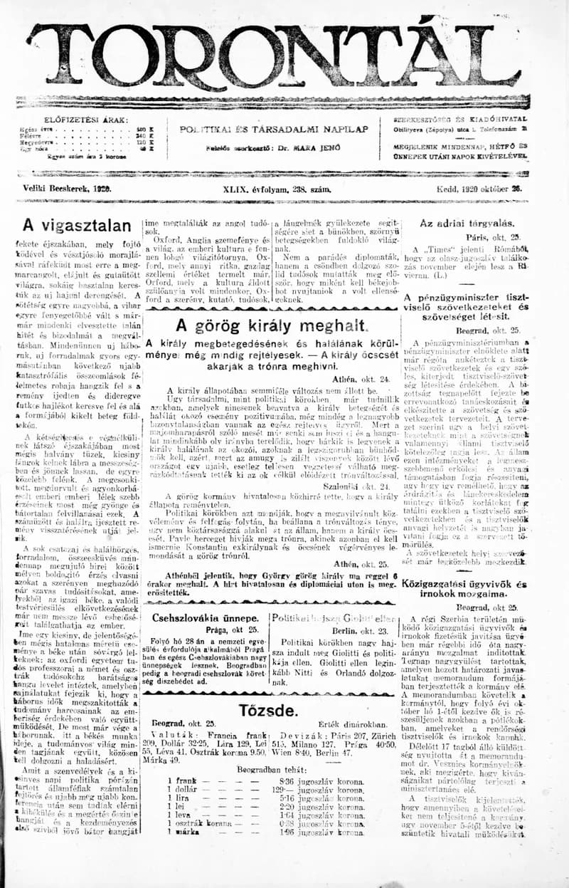 Torontál, 49. évf. 1920. október 26. 238. sz.