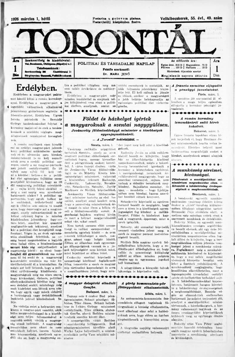 Torontál, 55. évf. 1926. március 1. 49. sz.