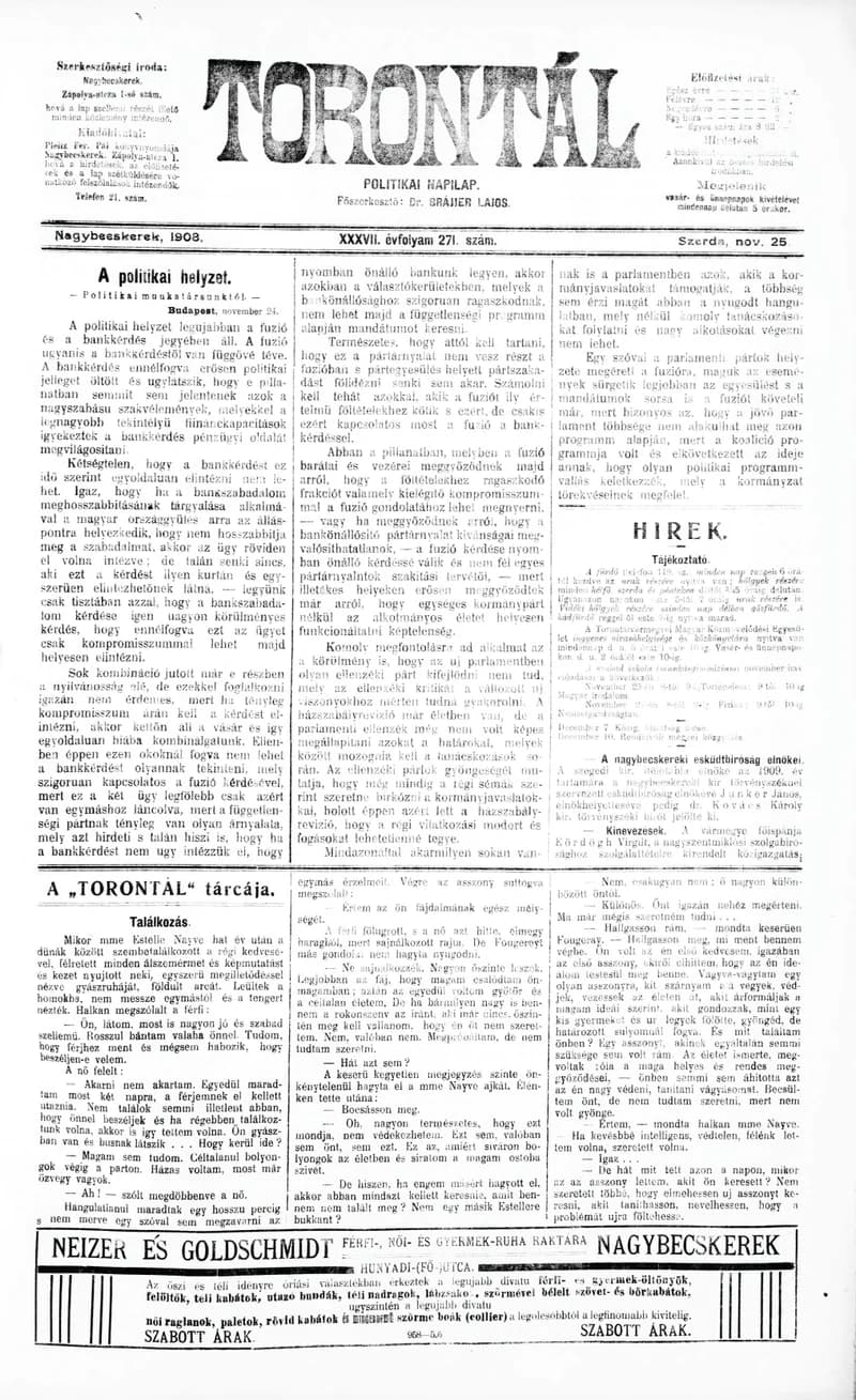 Torontál, 37. évf. 1908. november 25. 271. sz.