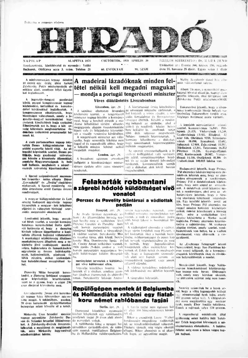 Híradó, 60. évf. 1931. április 30. 99. sz.