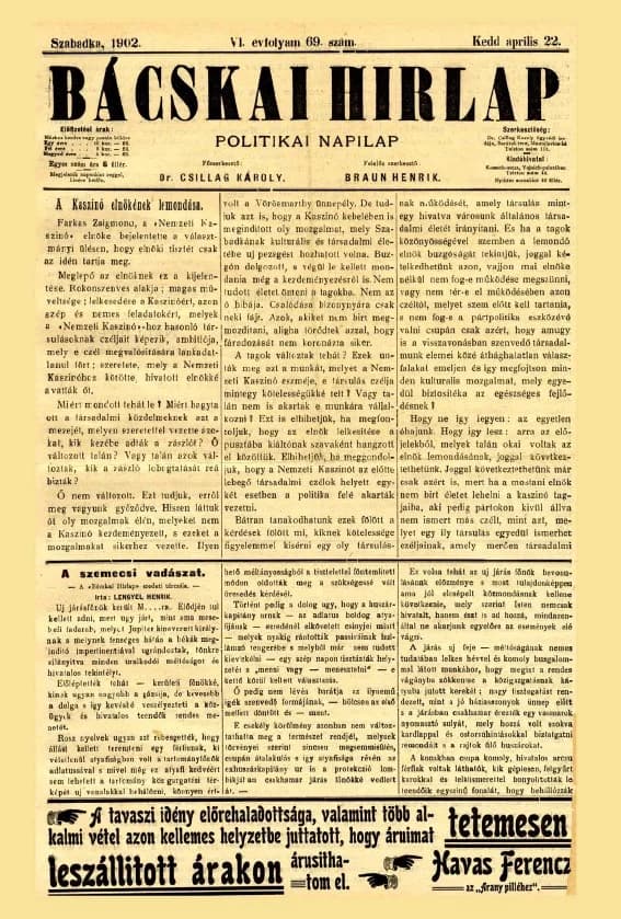 Bácskai Hirlap, 6. évf. 1902. április 22. 69. sz.