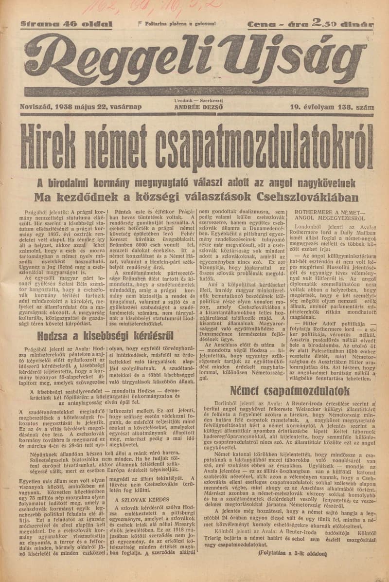 Reggeli Újság, 19. évf. 1938. május 22. 138. sz.