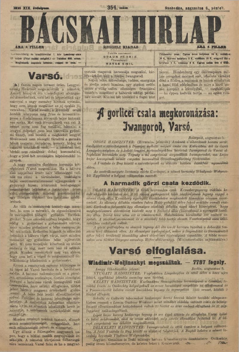 Bácskai Hirlap, 19. évf. 1915. augusztus 6. 354. sz.