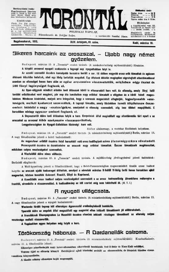 Torontál, 44. évf. 1915. március 16. 61. sz.