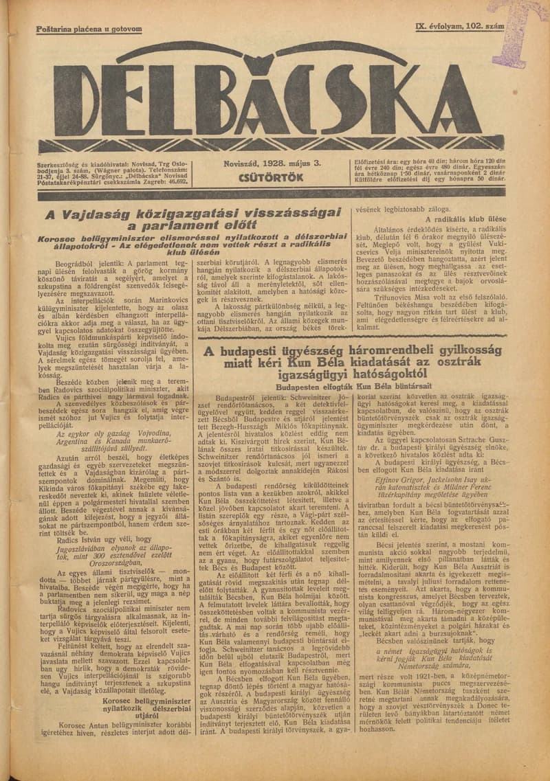 Délbácska, 9. évf. 1928. május 3. 102. sz.