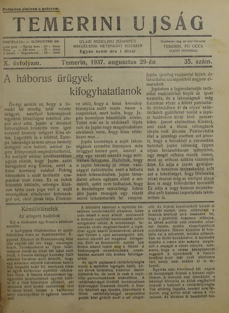 Temerini Újság 1928-1944, 10. évf. 1937. augusztus 29. 35. sz.