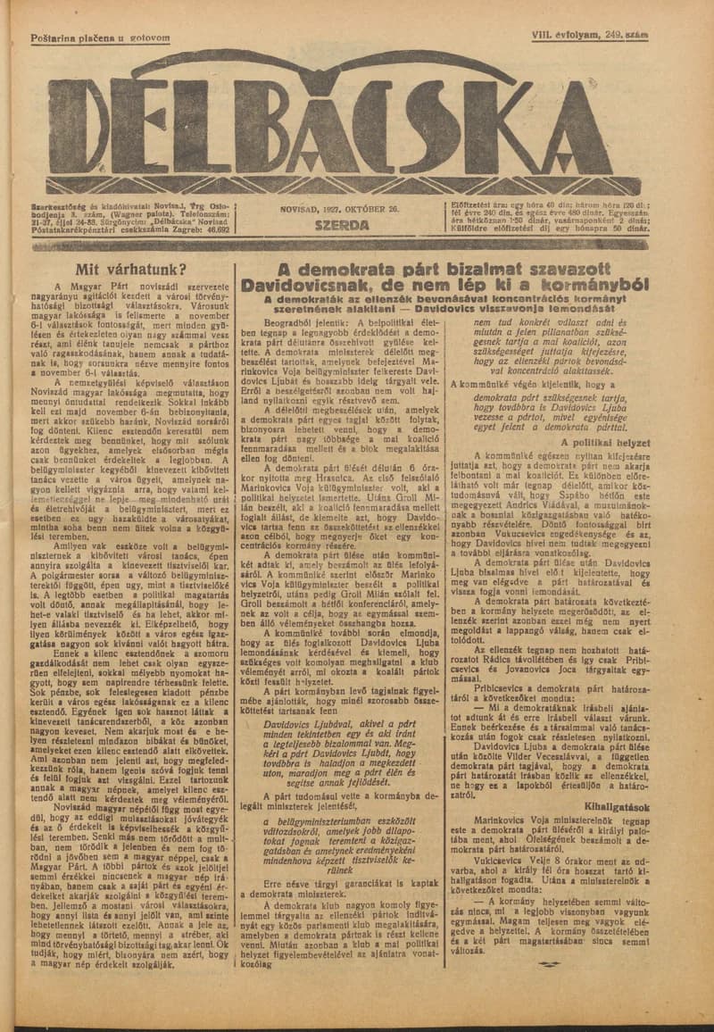 Délbácska, 8. évf. 1927. október 26. 249. sz.
