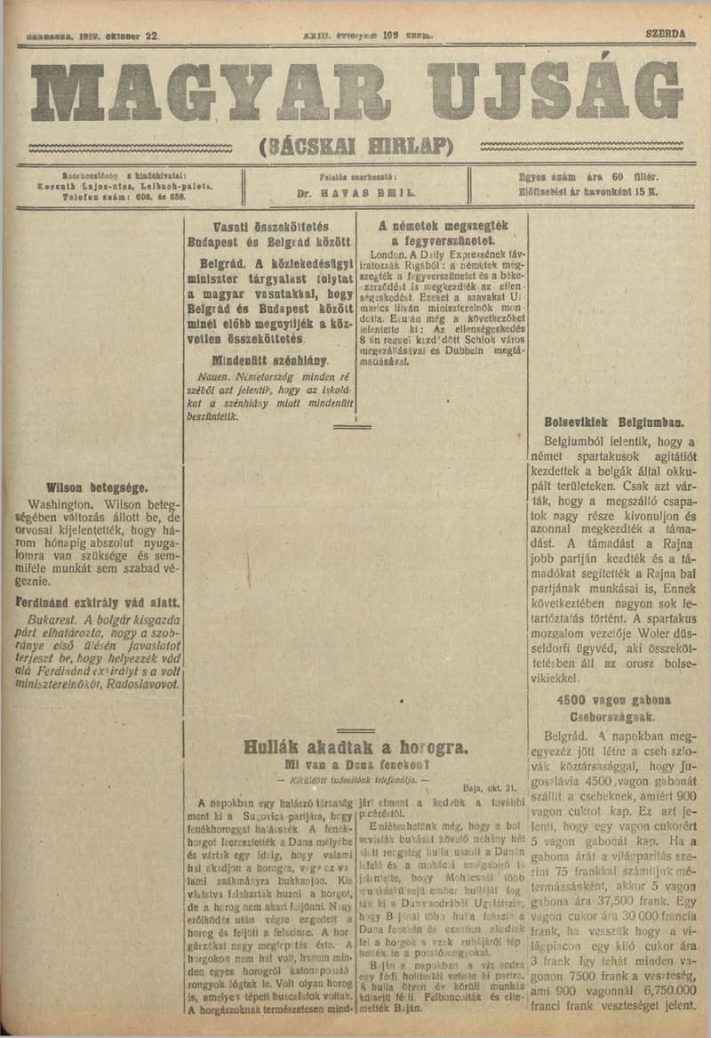 Bácskai Hirlap, 23. évf. 1919. október 22. 109. sz.