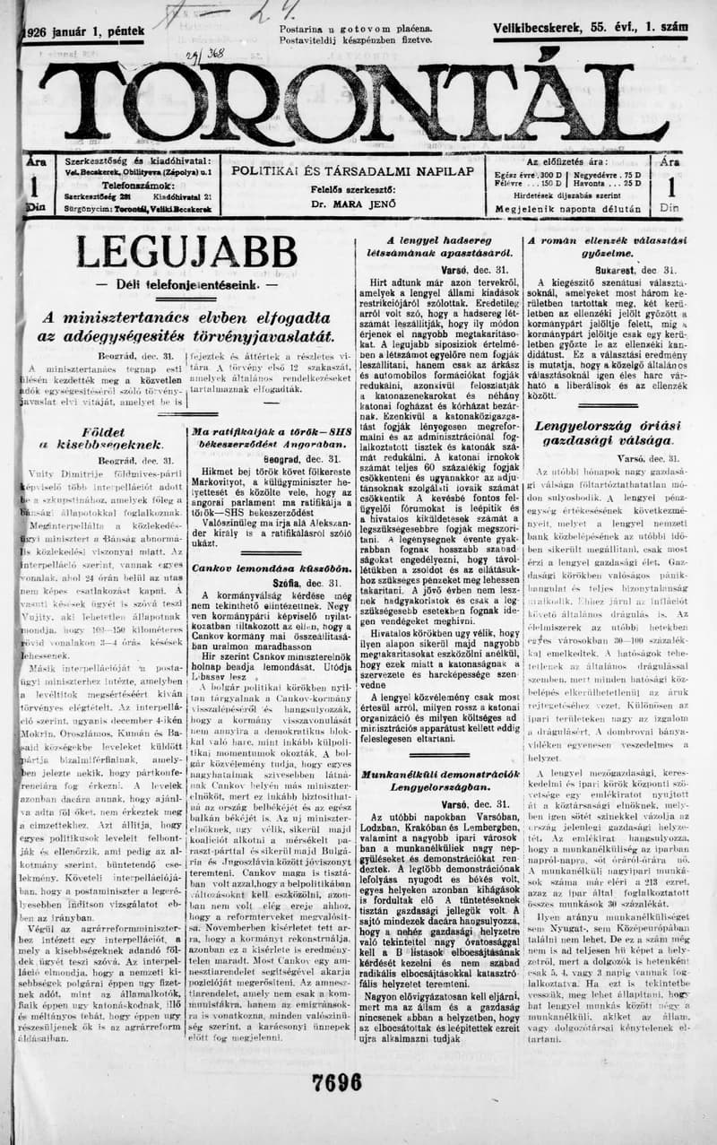 Torontál, 55. évf. 1926. január 1. 1. sz.