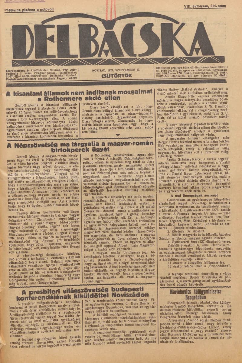 Délbácska, 8. évf. 1927. szeptember 15. 214. sz.