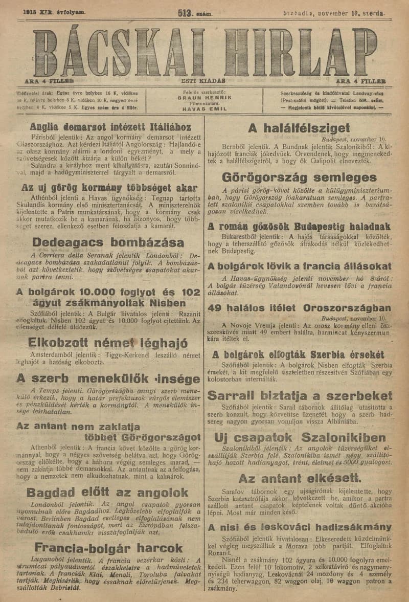 Bácskai Hirlap, 19. évf. 1915. november 10. 513. sz.