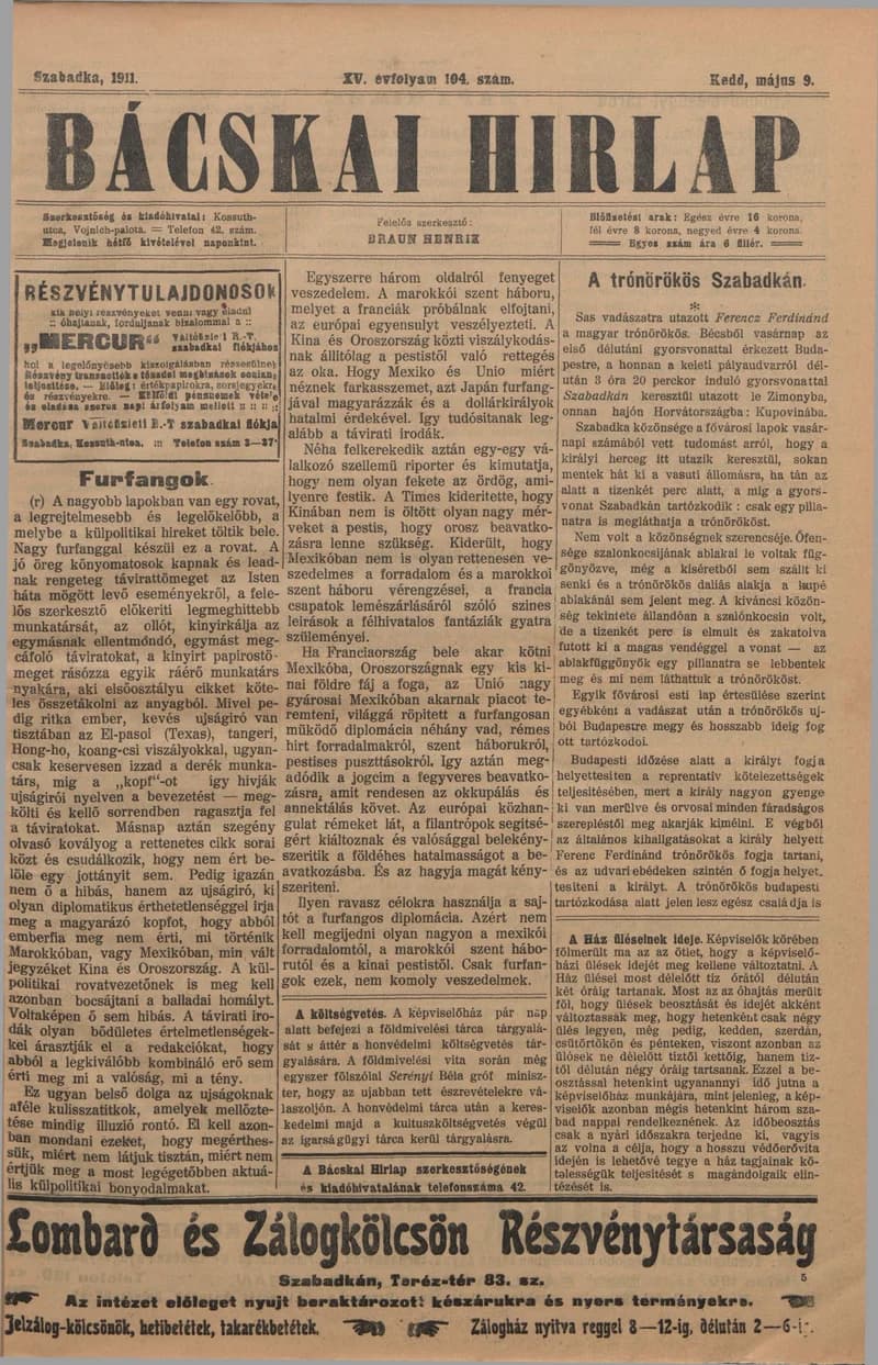 Bácskai Hirlap, 15. évf. 1911. május 9. 104. sz.