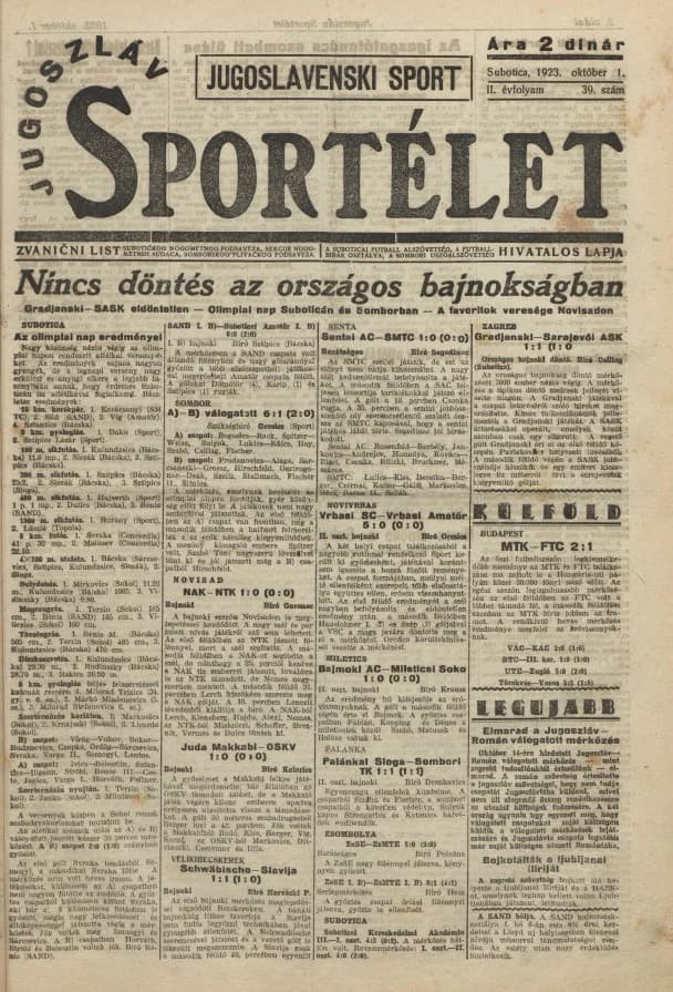 Jugoszláv sportélet, 2. évf. 1923. október 1. 39. sz.
