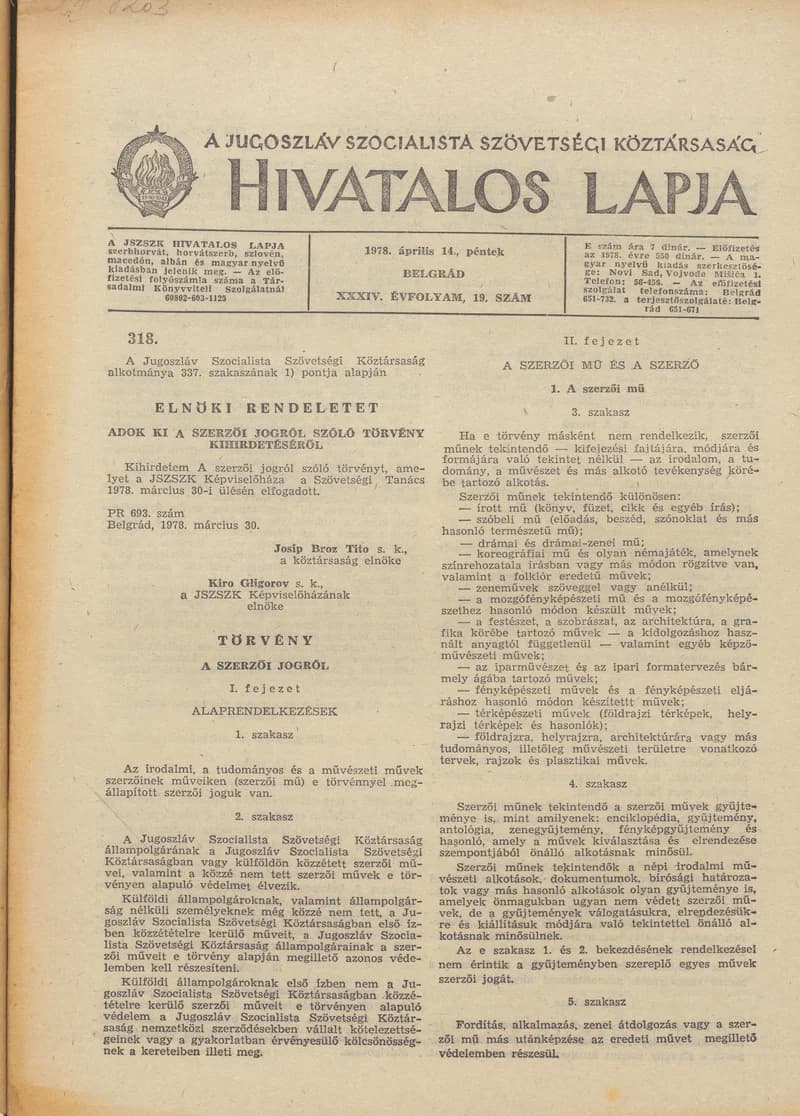 A Jugoszláv Szocialista Szövetségi Köztársaság Hivatalos Lapja, 34. évf. 1978. április 14. 19. sz. 645–672. oldal