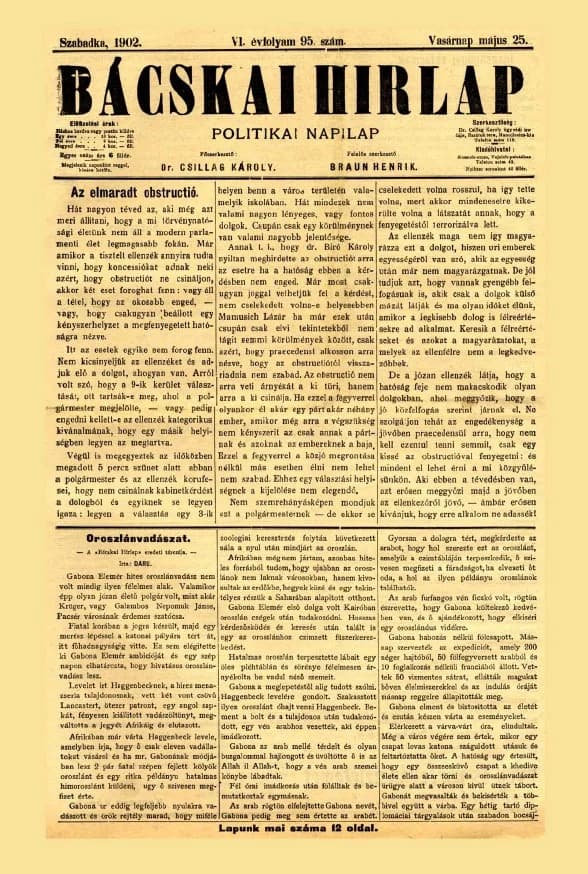Bácskai Hirlap, 6. évf. 1902. május 25. 95. sz.