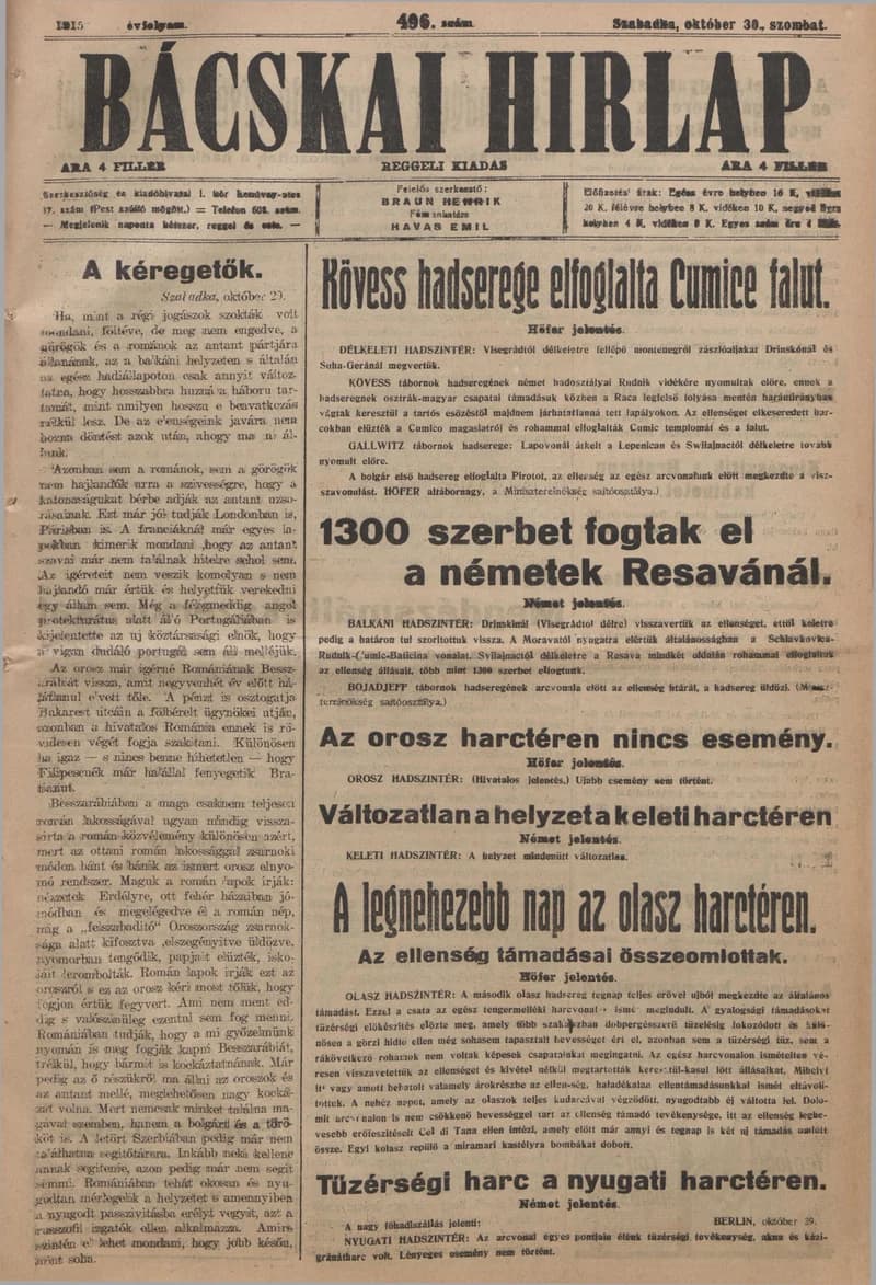 Bácskai Hirlap, 19. évf. 1915. október 30. 496. sz.