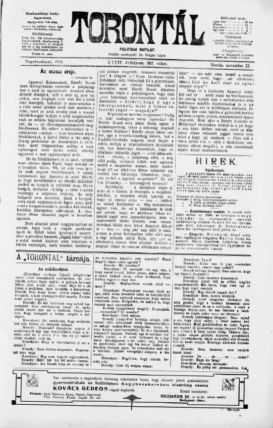 Torontál, 34. évf. 1905. november 22. 267. sz.