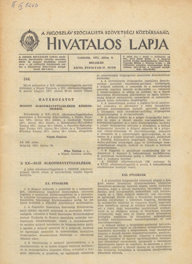 A Jugoszláv Szocialista Szövetségi Köztársaság Hivatalos Lapja, 27. évf. 1971. július 8. 29. sz. 525–588. oldal