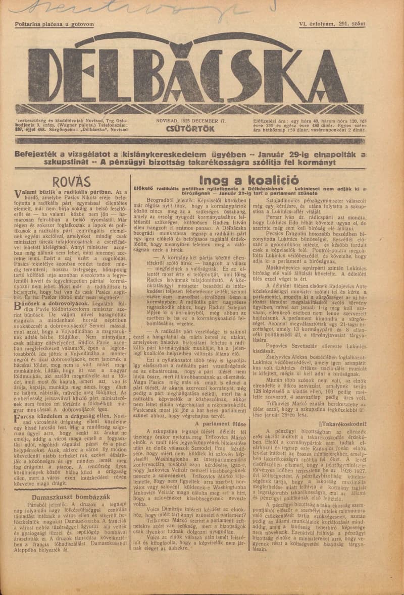 Délbácska, 6. évf. 1925. december 17. 291. sz.