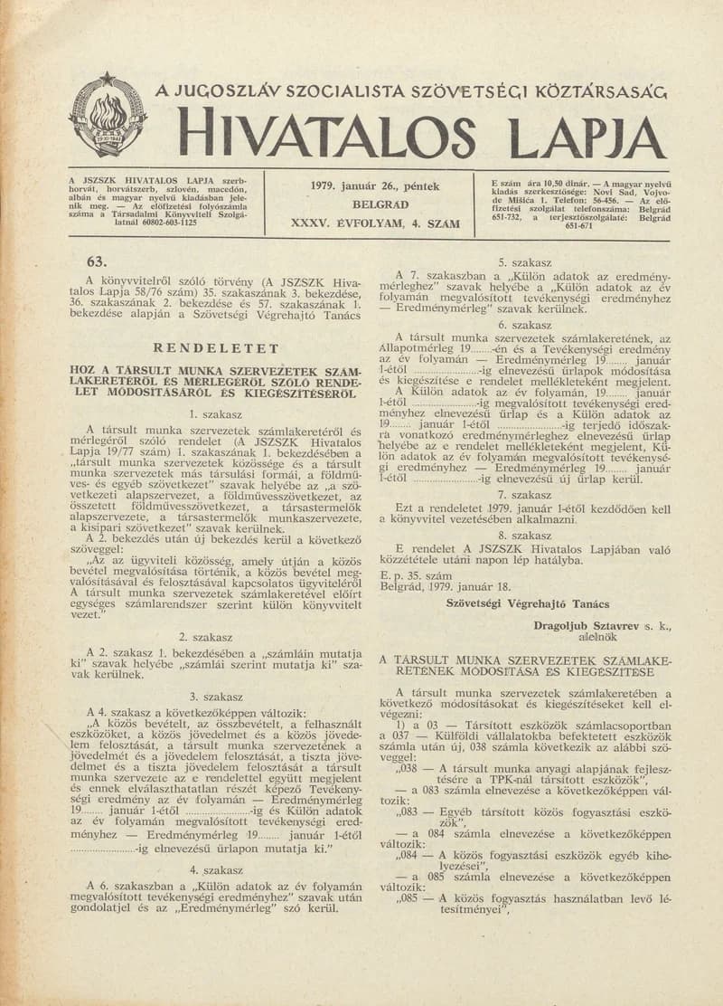A Jugoszláv Szocialista Szövetségi Köztársaság Hivatalos Lapja, 35. évf. 1979. január 26. 4. sz. 125–152. oldal