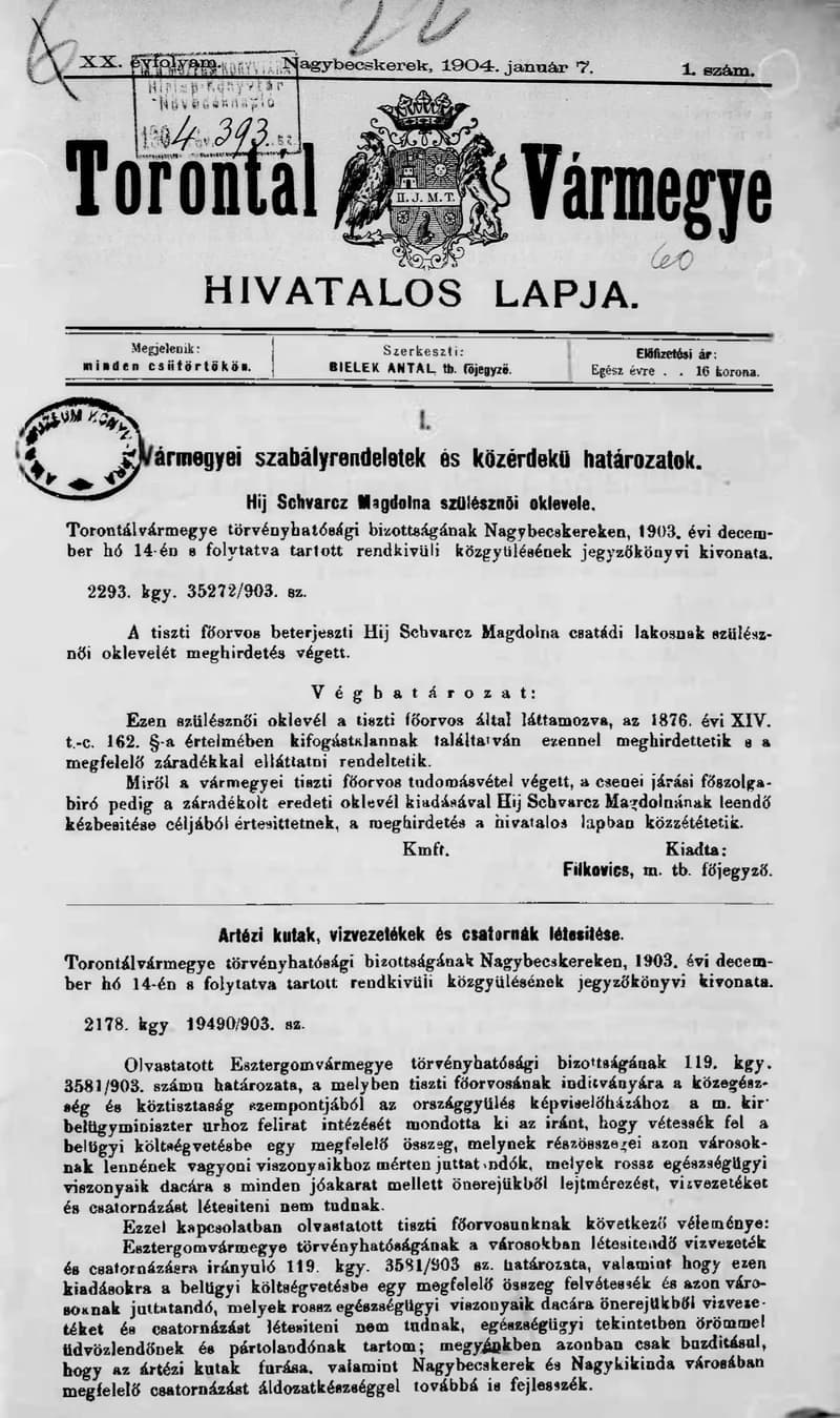 Torontál Vármegye Hivatalos Lapja