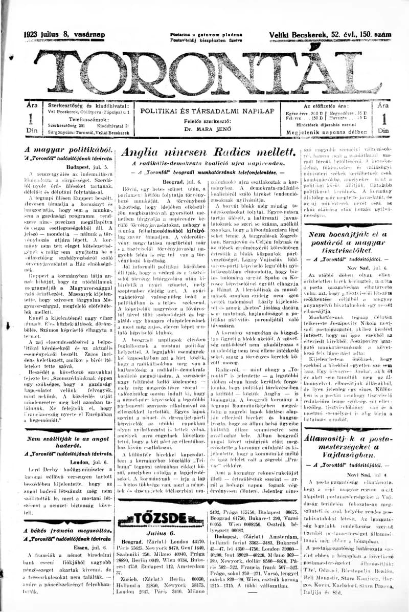 Torontál, 52. évf. 1923. július 8. 150. sz.