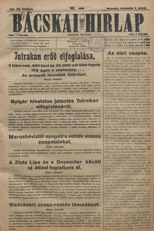 Bácskai Hirlap, 20. évf. 1916. szeptember 8. 411. sz.