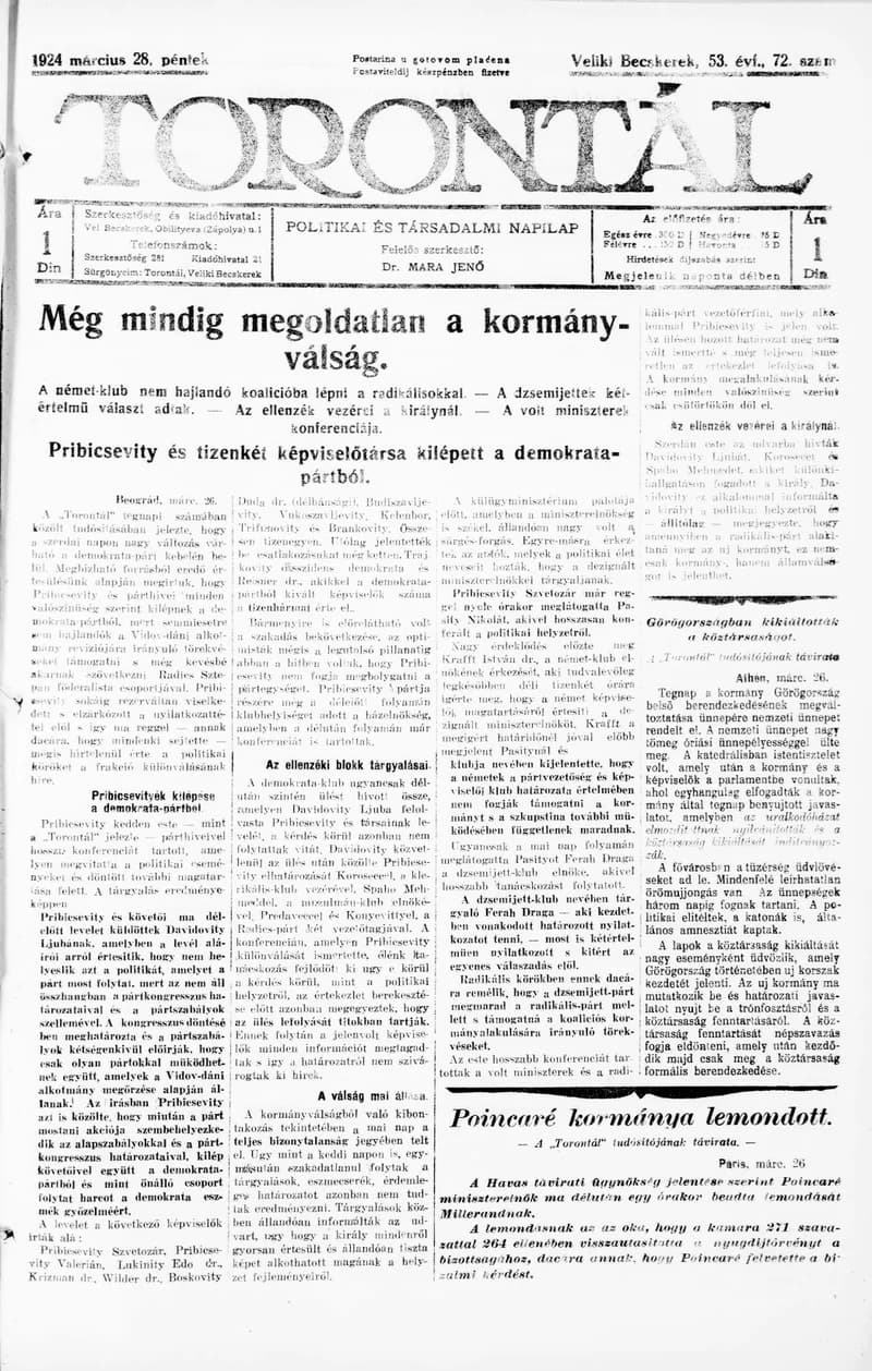 Torontál, 53. évf. 1924. március 28. 72. sz.
