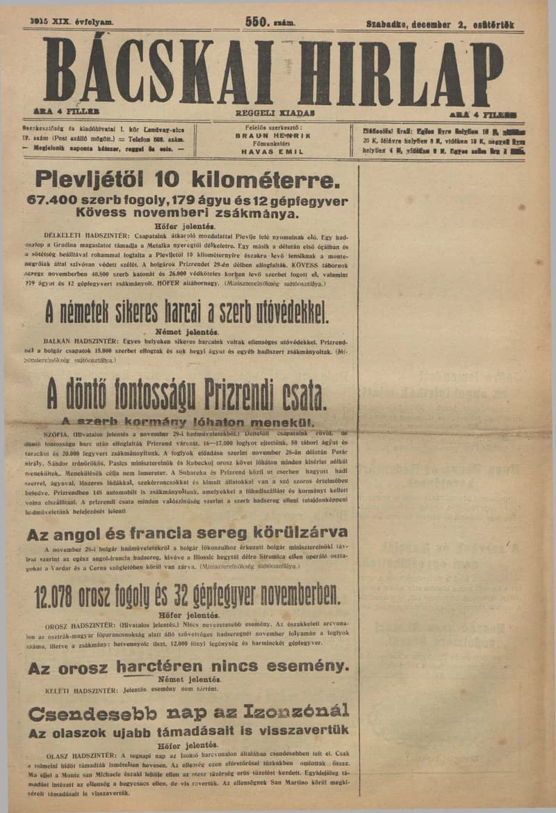 Bácskai Hirlap, 19. évf. 1915. december 2. 550. sz.