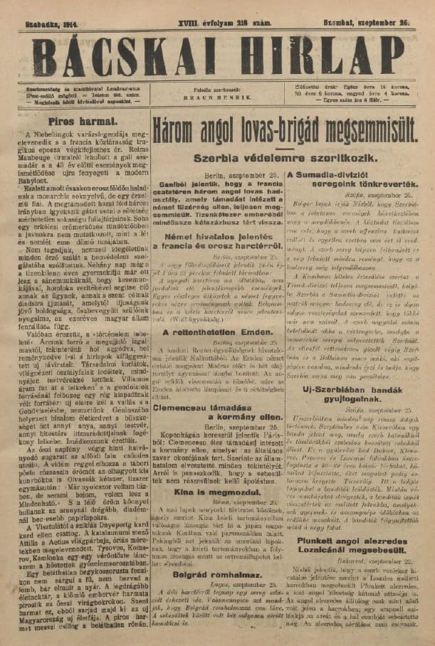 Bácskai Hirlap, 18. évf. 1914. szeptember 26. 218. sz.