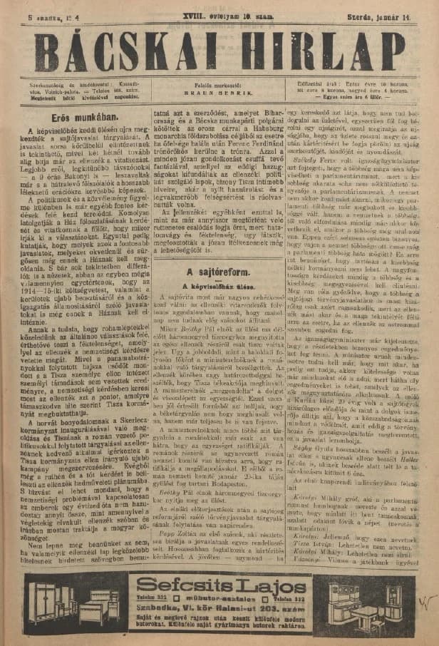 Bácskai Hirlap, 18. évf. 1914. január 14. 10. sz.