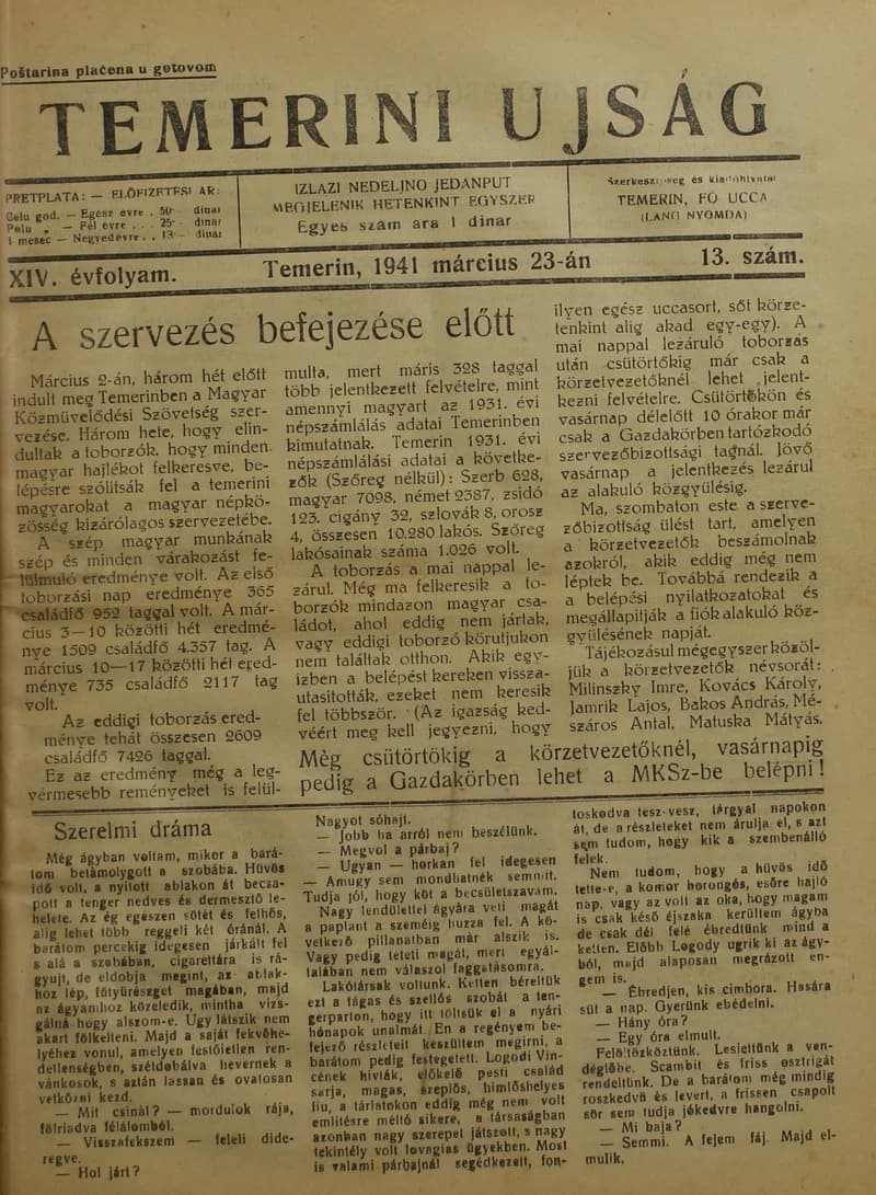Temerini Újság 1928-1944, 14. évf. 1941. március 23. 13. sz.