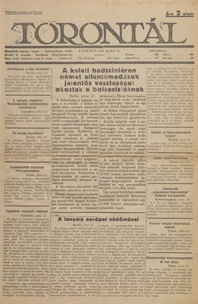 Torontál, 72. évf. 1943. július 24. 167. sz.