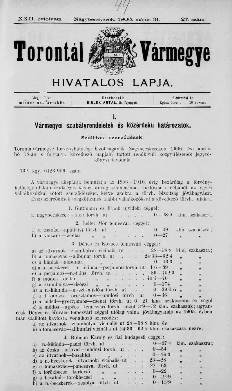 Torontál Vármegye Hivatalos Lapja, 22. évf. 1906. május 31. 27. sz.