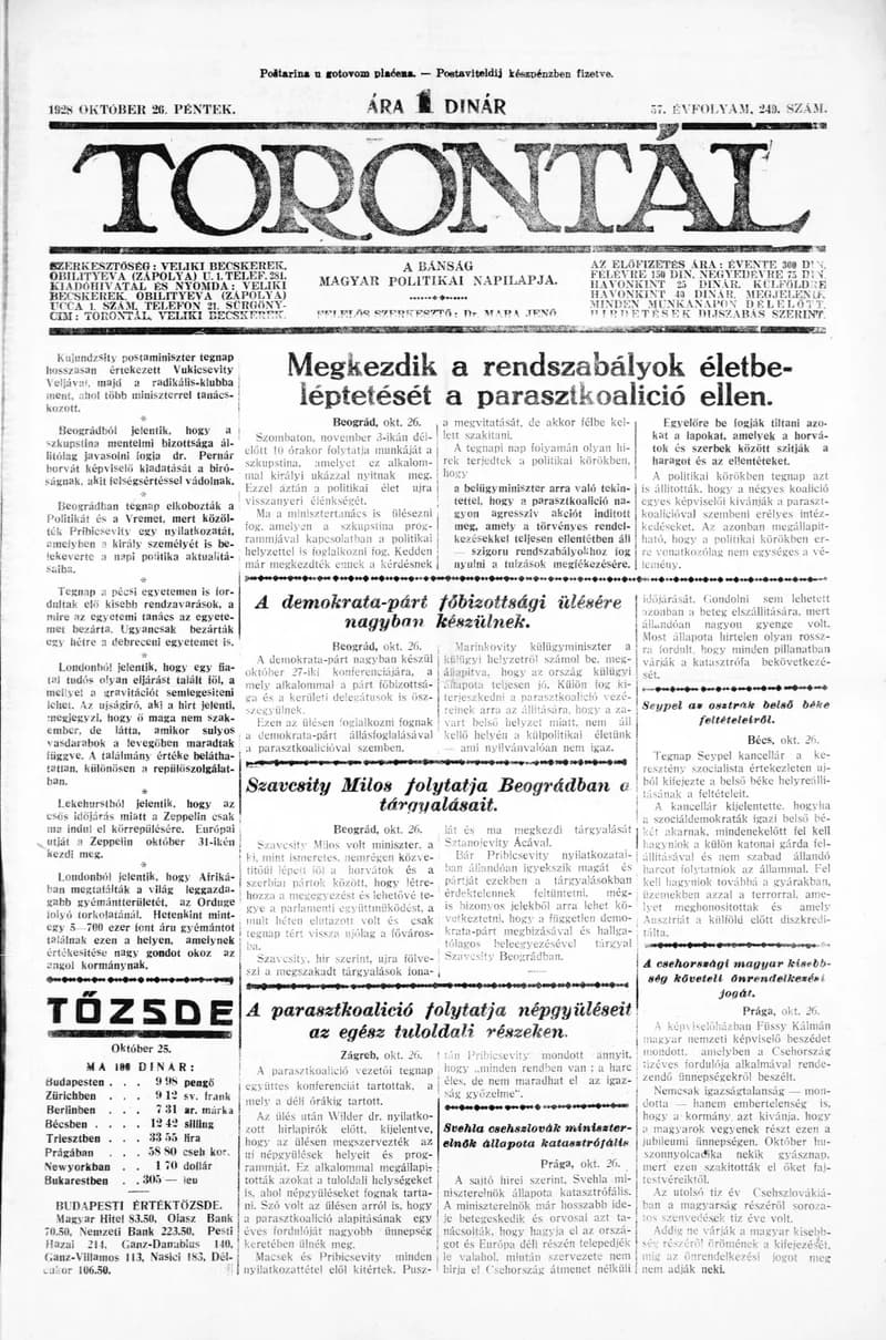 Torontál, 57. évf. 1928. október 26. 249. sz.