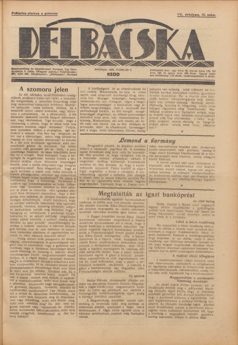 Délbácska, 7. évf. 1926. február 9. 32. sz.