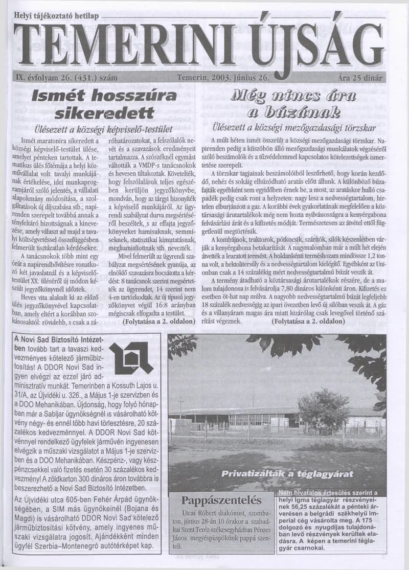 Temerini Újság, 9. évf. 2003. június 26. 26. sz.