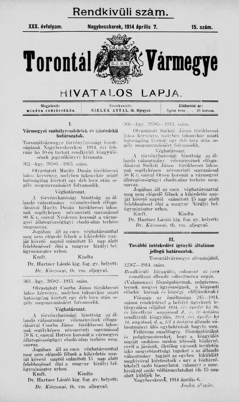 Torontál Vármegye Hivatalos Lapja, 30. évf. 1914. április 7. 15. sz.