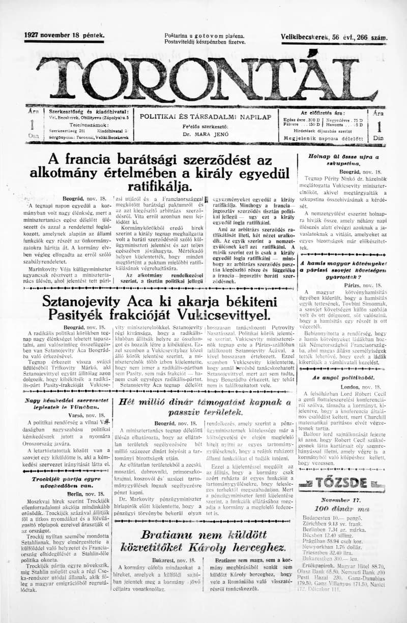 Torontál, 56. évf. 1927. november 18. 266. sz.