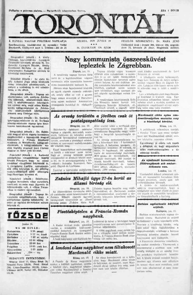 Torontál, 58. évf. 1929. június 19. 139. sz.