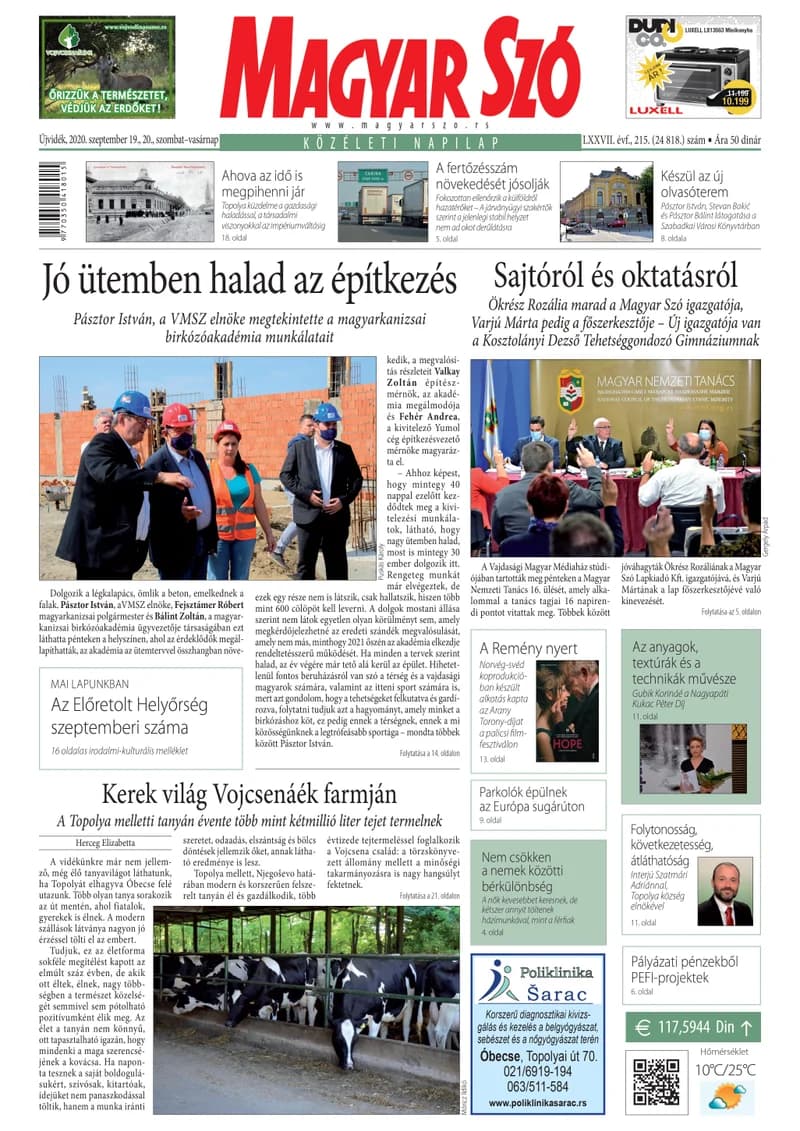 Magyar Szó, 77. évf. 2020. szeptember 19. – 20. 215. sz. 1–32. oldal