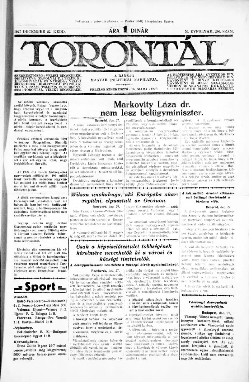 Torontál, 56. évf. 1927. december 27. 296. sz.