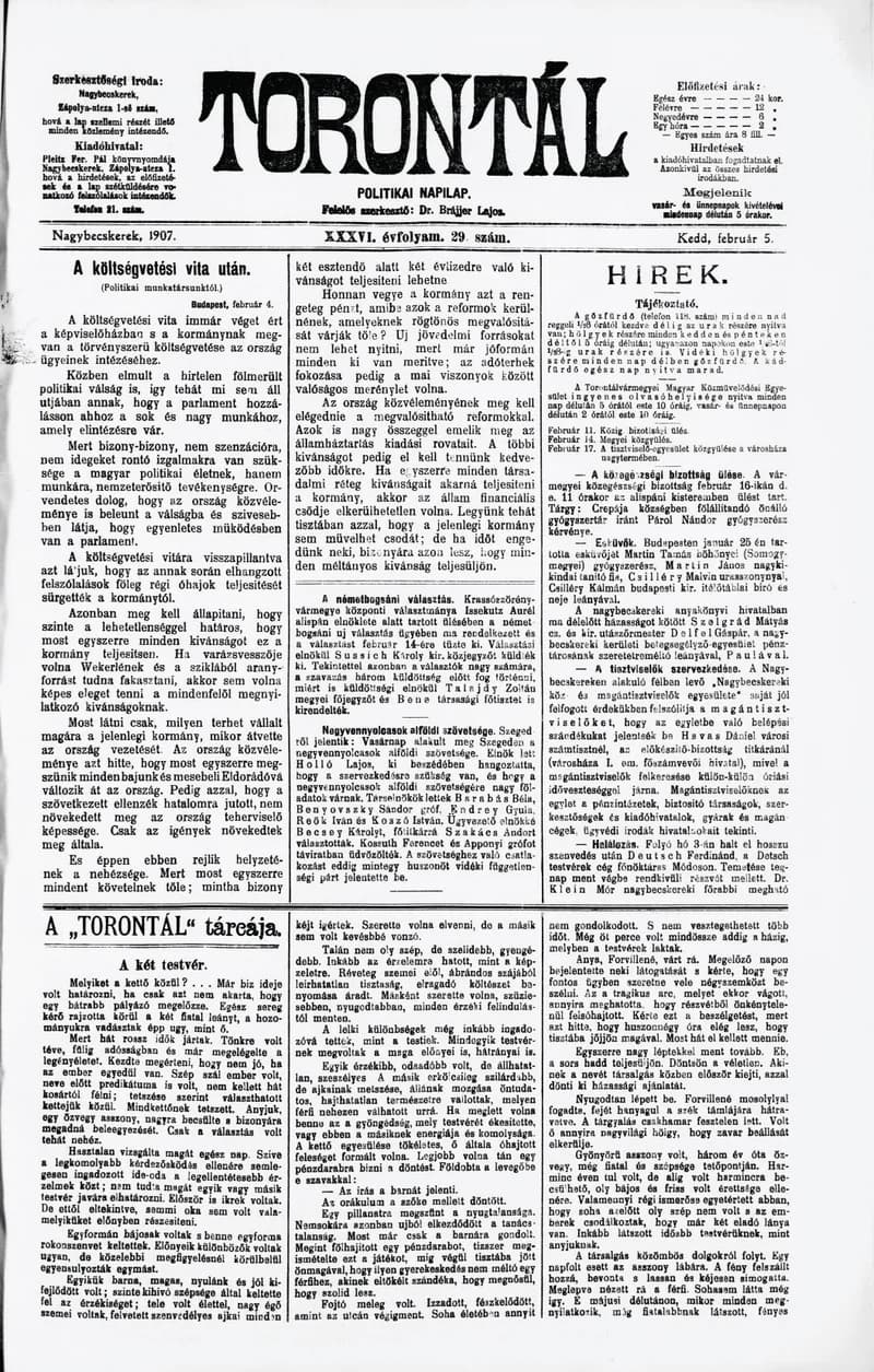 Torontál, 36. évf. 1907. február 5. 29. sz.